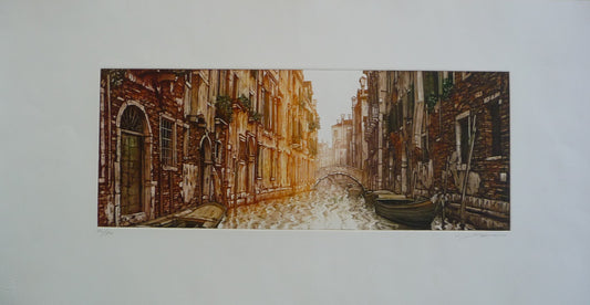 Venice, Italy, Venetian Houses with Balconies and Boats on Canal with Bridge