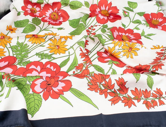 100% Pure Silk Red Floral with Navy Border Scarf