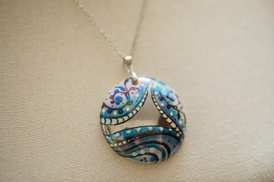 Silver with Blue Swirl Large Round Necklace