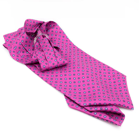 100% Silk Ascot Dark Fuscia with Small Navy Blue and White Polka Dot and Squares