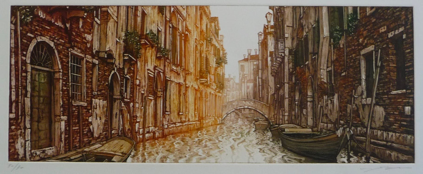 Venice, Italy, Venetian Houses with Balconies and Boats on Canal with Bridge