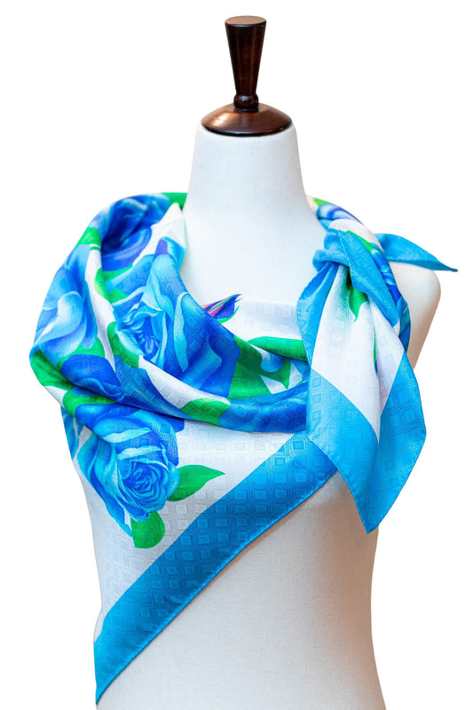 100% Pure Silk Blue Green Roses Scarf