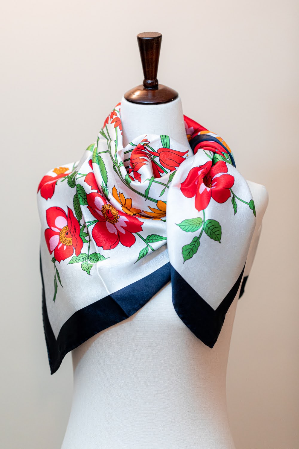 100% Pure Silk Red Floral with Navy Border Scarf