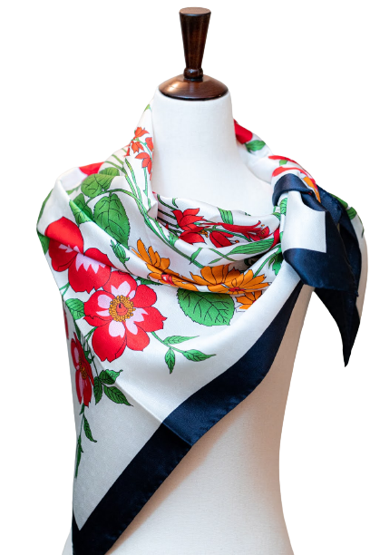100% Pure Silk Red Floral with Navy Border Scarf