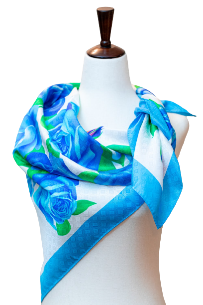 100% Pure Silk Blue Green Roses Scarf