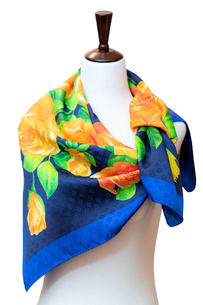 100% Pure Silk Yellow Roses with Blue Border Scarf