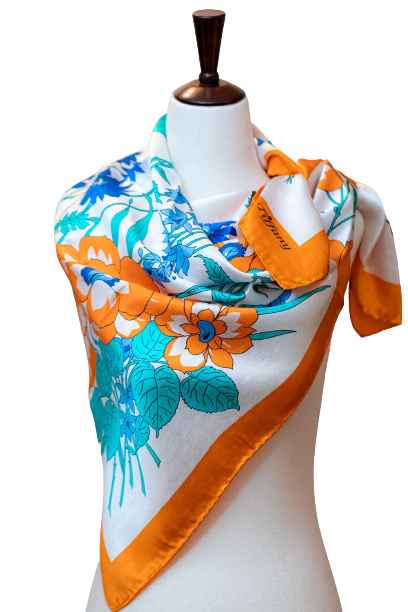 100% Pure Silk Blue Orange Floral with Orange Border Scarf