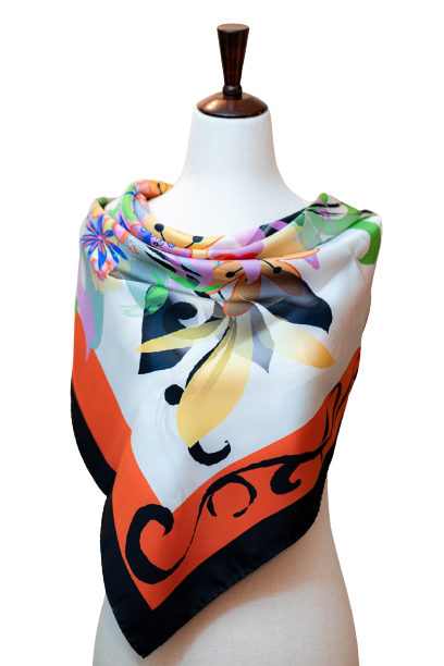 100% Pure Silk Orange Black Floral Scarf