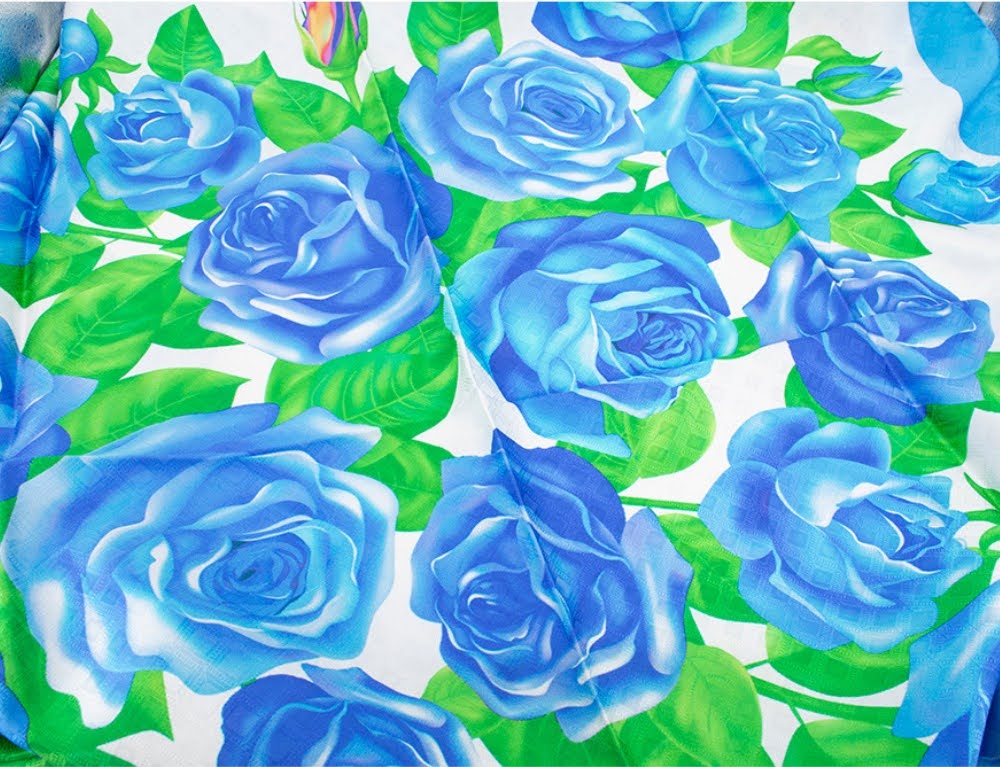 100% Pure Silk Blue Green Roses Scarf