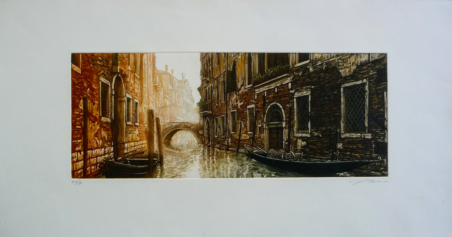 Venice, Italy, Venetian Houses with Balconies and Boats on Canal with Bridge