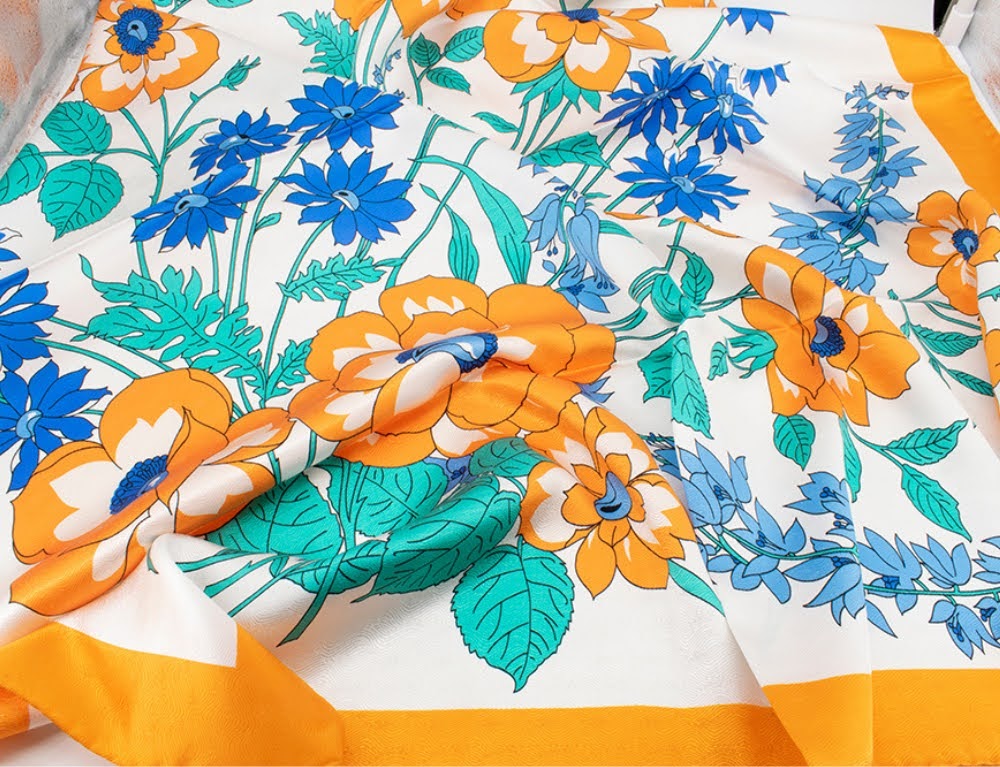 100% Pure Silk Blue Orange Floral with Orange Border Scarf