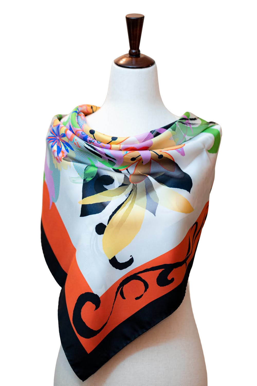 100% Pure Silk Orange Black Floral Scarf