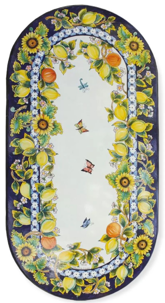 Lemons, Sunflowers, and Butterflies on White Oblong Volcanic Stone Table with Iron Base