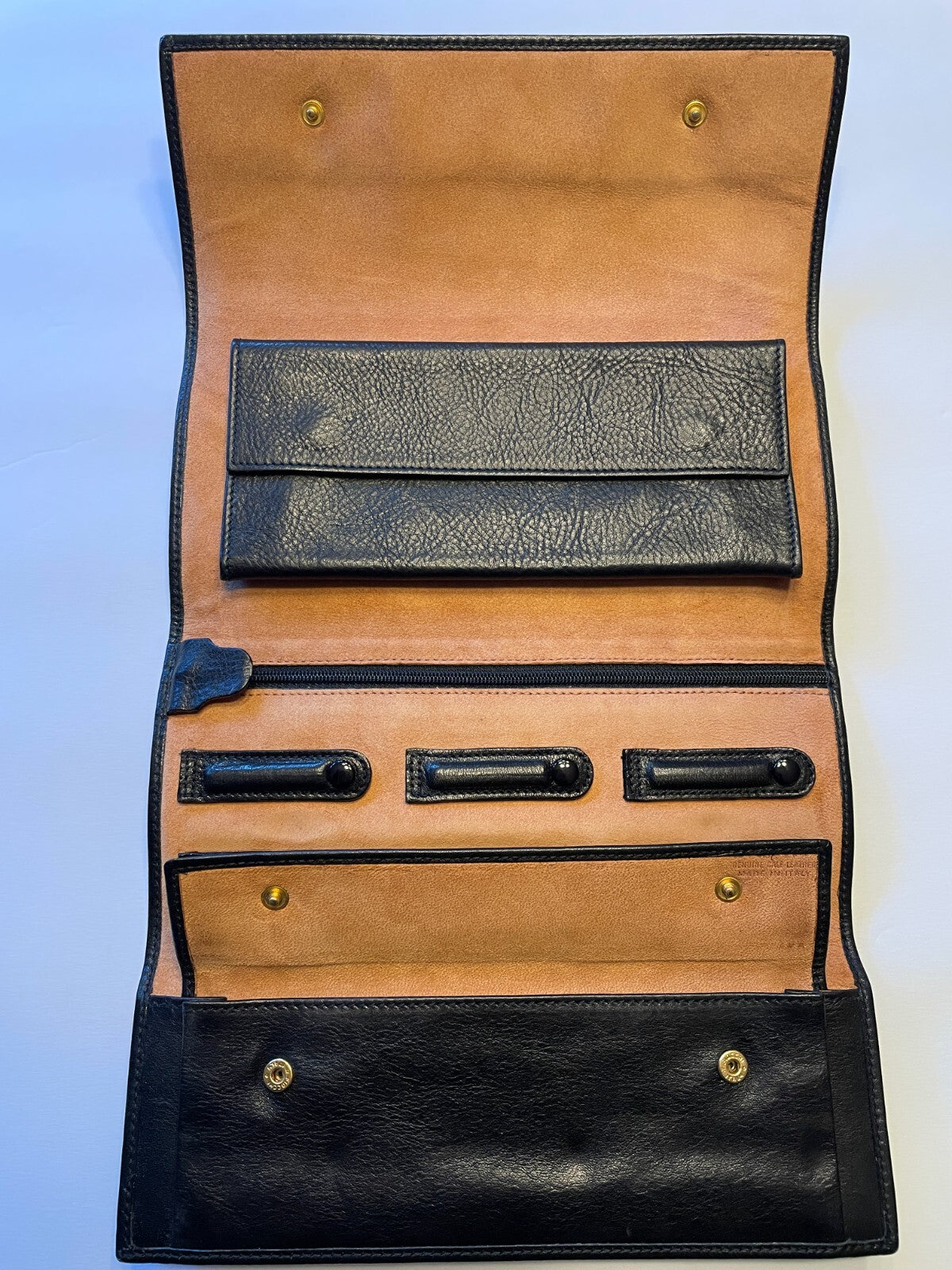 GIGLIODORO Black Calf Leather Tri-Fold Wallet, Made in Italy, Genuine Italian Leather