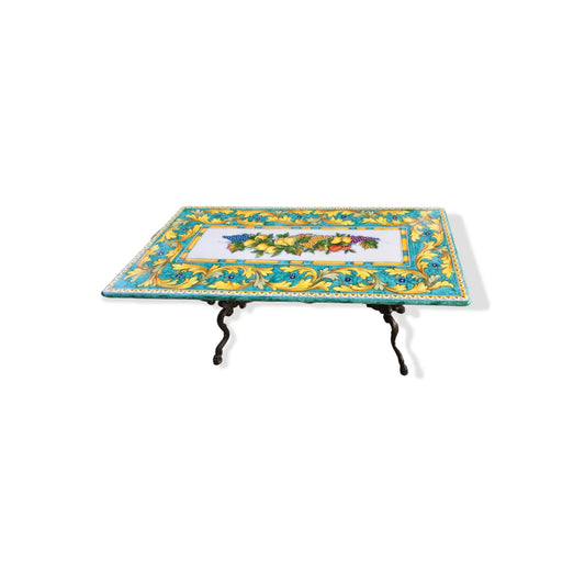 Lemons and Grapes on White Rectangle Volcanic Stone Table with Green and Yellow Border with Iron Base