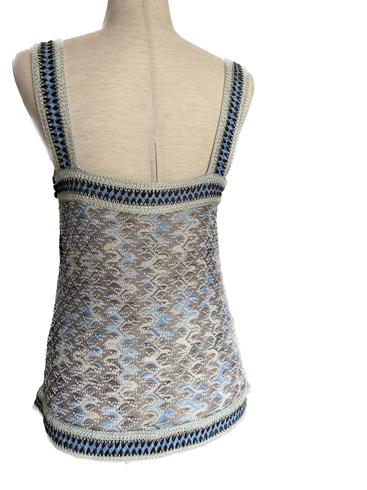 MISSONI Blue & Gray Crochet Tank Top, Size 42 EU