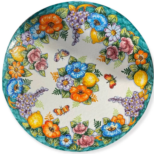 Lemons and Blue Flowers on White Round Table with Iron Base (6 sizes available)