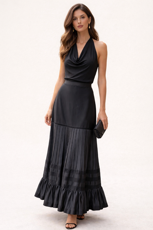 GIORGIO ARMANI Black Rayon Tiered Ribboned Ruffle Maxi Skirt