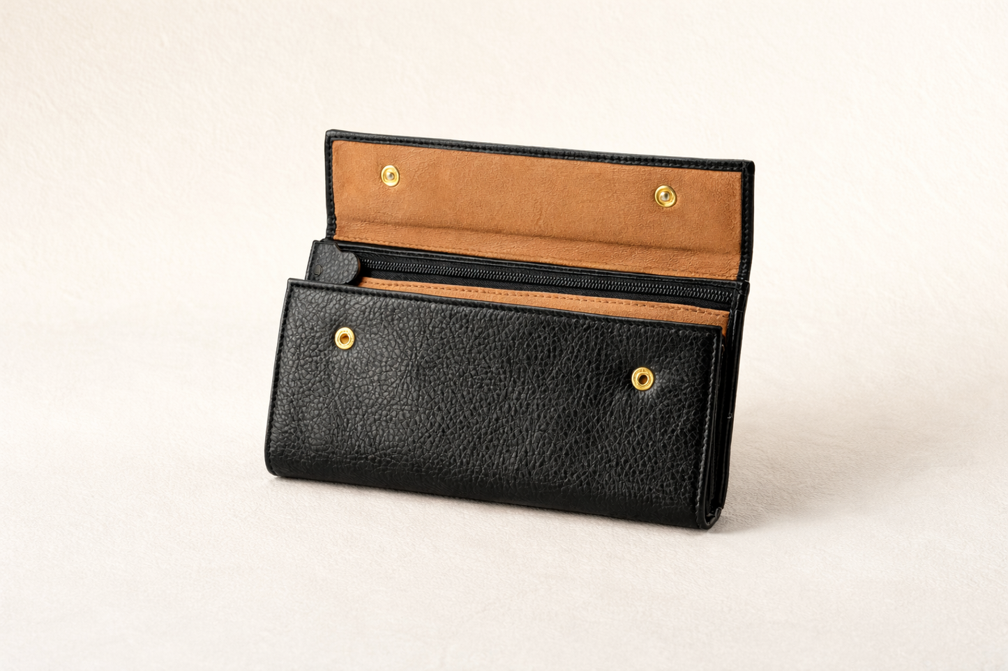 GIGLIODORO Black Calf Leather Tri-Fold Wallet, Made in Italy, Genuine Italian Leather