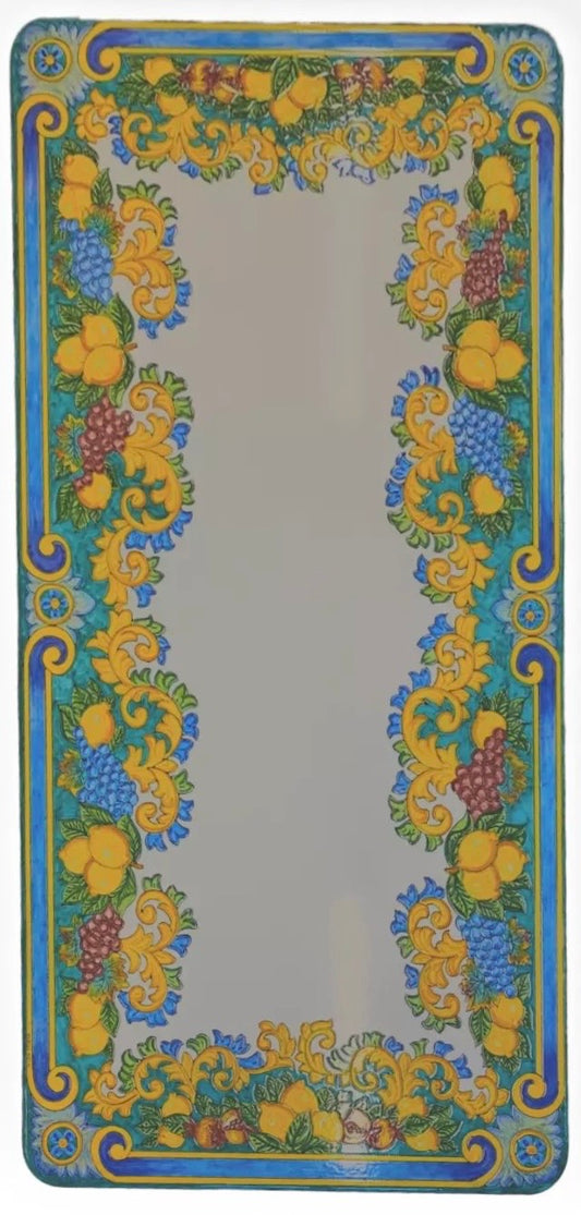 Lemons and Grapes on White Rectangle Volcanic Stone Table with Blue Border on Iron Base