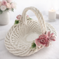 Porcelain Floral Motif Woven Basket Centerpiece with Pink Roses & Green Leaves