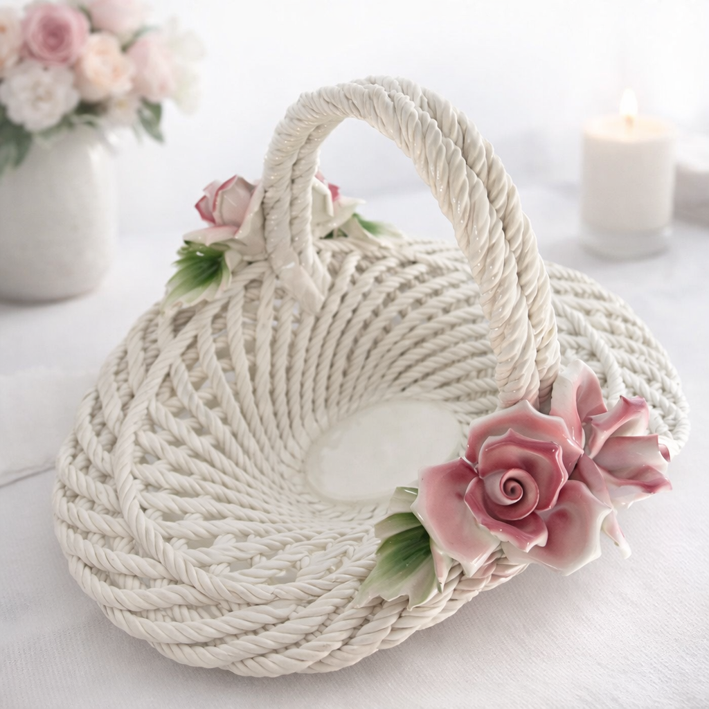 Porcelain Floral Motif Woven Basket Centerpiece with Pink Roses & Green Leaves