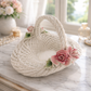 Porcelain Floral Motif Woven Basket Centerpiece with Pink Roses & Green Leaves