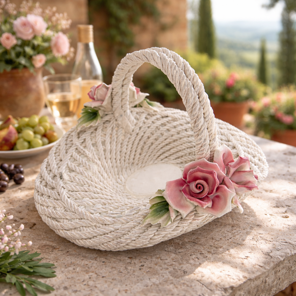 Porcelain Floral Motif Woven Basket Centerpiece with Pink Roses & Green Leaves