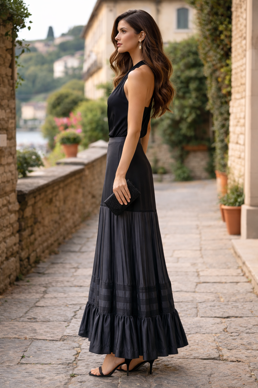 GIORGIO ARMANI Black Rayon Tiered Ribboned Ruffle Maxi Skirt