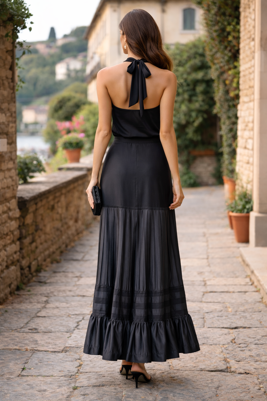 GIORGIO ARMANI Black Rayon Tiered Ribboned Ruffle Maxi Skirt