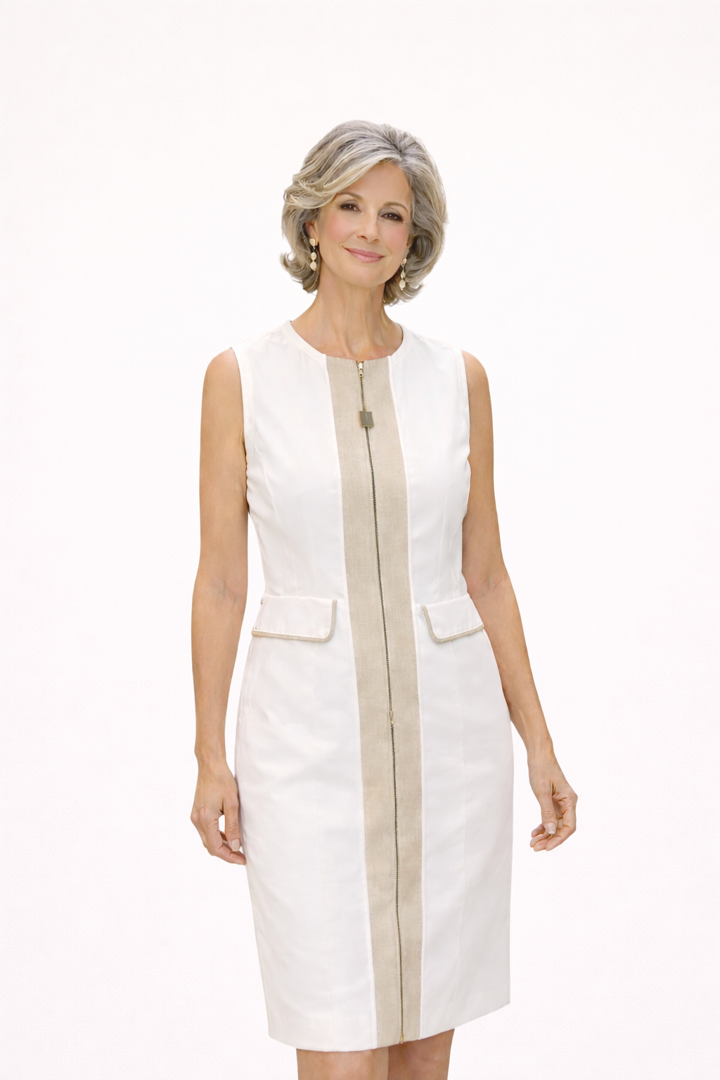 Narciso Rodriguez for AEFFE SPA White and Beige Cotton Sheath Dress