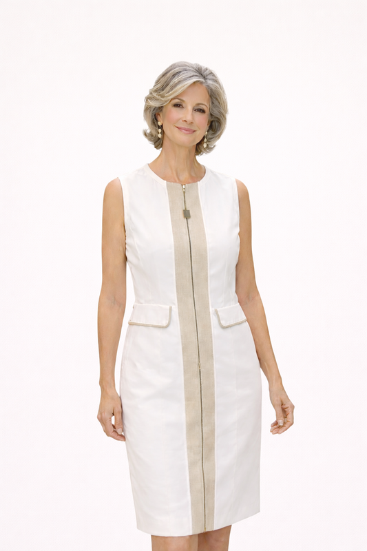 Narciso Rodriguez for AEFFE SPA White and Beige Cotton Sheath Dress