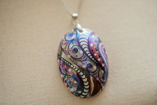 Silver with Purple Swirl Large Oval Necklace