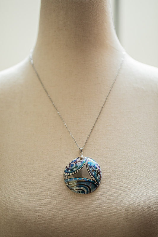 Silver with Blue Swirl Large Round Necklace
