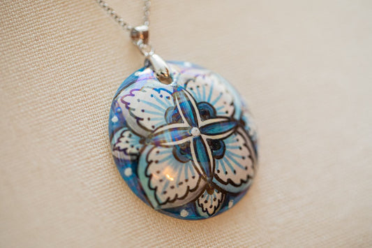 Silver with Blue Flower Small Round Necklace