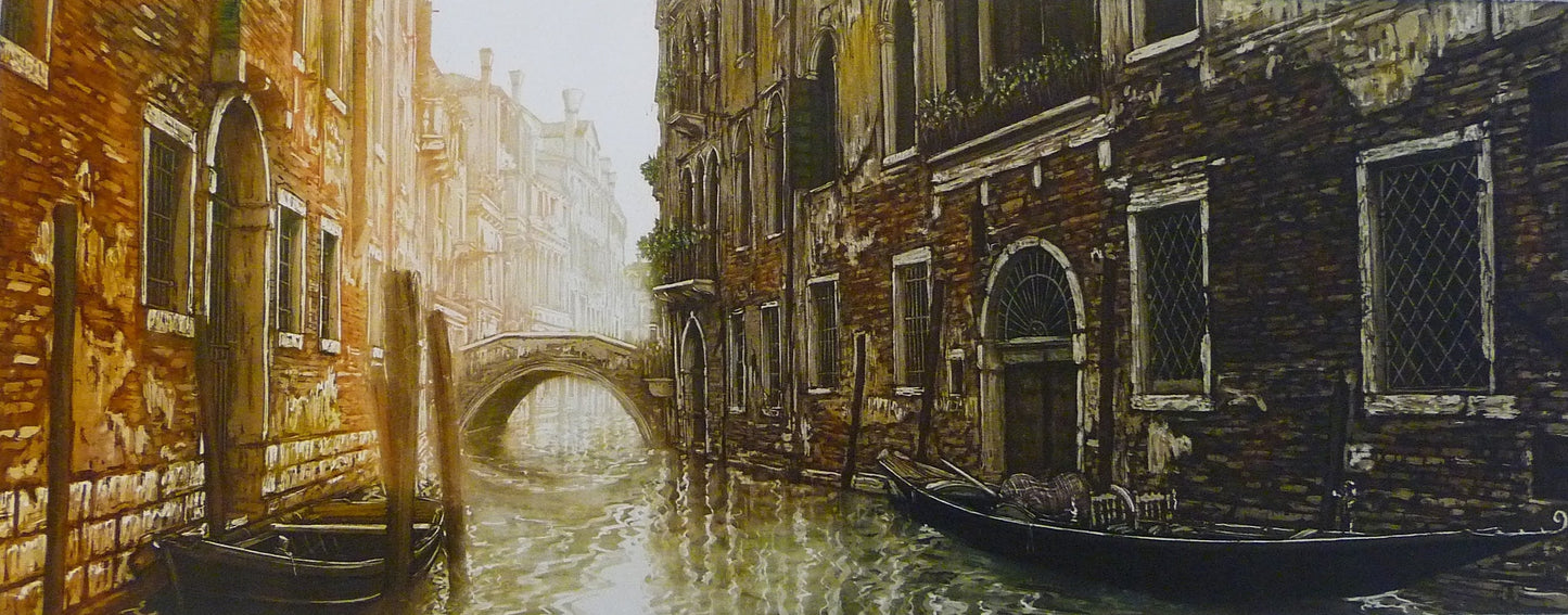 Venice, Italy, Venetian Houses with Balconies and Boats on Canal with Bridge