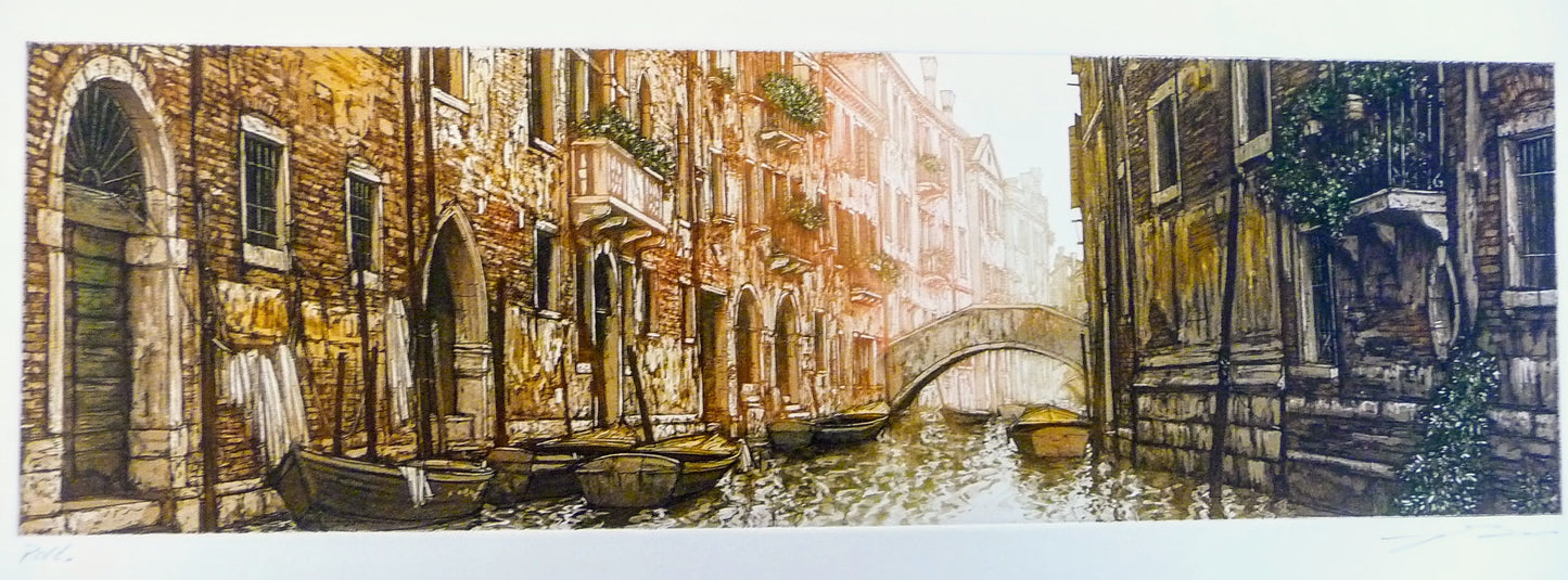 Venice, Italy, Venetian Houses with Flower Balconies and Boats on Canal with Bridge