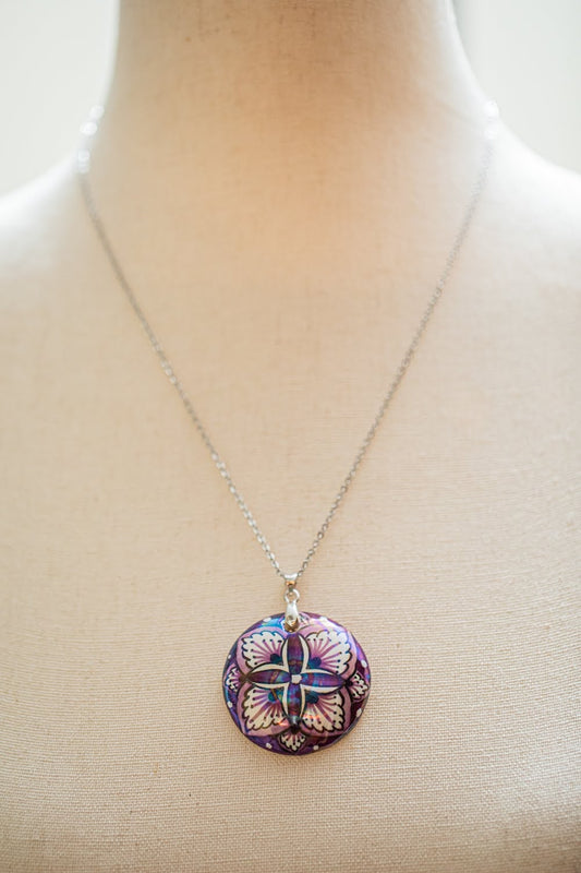 Silver with Purple Flower Small Round Necklace