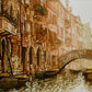 Venice, Italy, Venetian Houses with Flower Balconies and Boats on Canal with Bridge