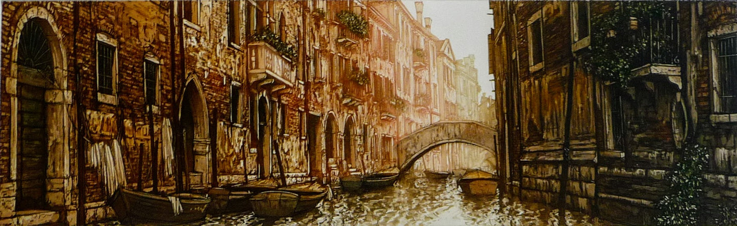 Venice, Italy, Venetian Houses with Flower Balconies and Boats on Canal with Bridge