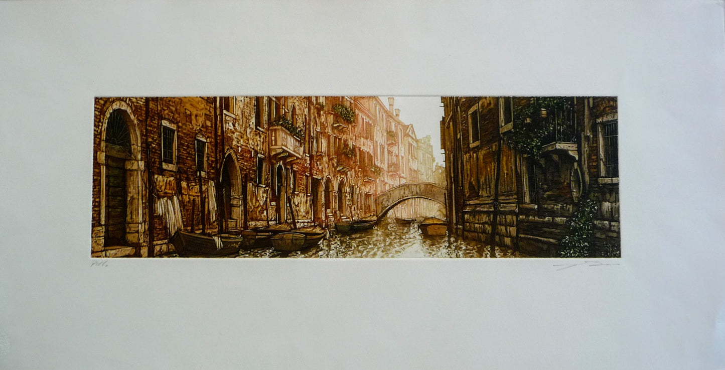 Venice, Italy, Venetian Houses with Flower Balconies and Boats on Canal with Bridge